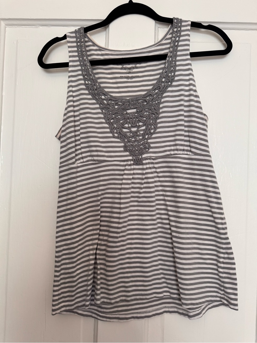 Gray and white stripe tank and crochet detail